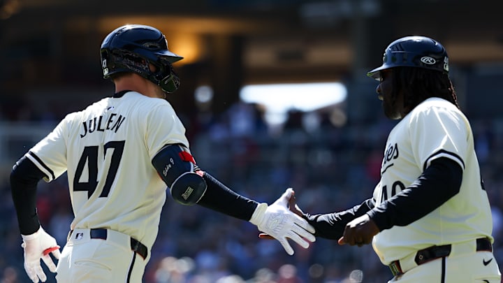 Minnesota Twins Edouard Julien (47) runs the bases after hitting a solo home run against the Los Angeles Dodgers during the first inning at Target Field in Minneapolis on April 10, 2024. 