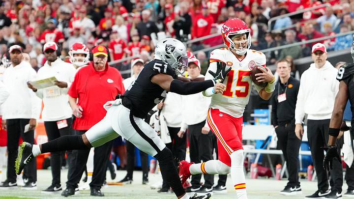 Nov 26, 2023; Paradise, Nevada, USA; Kansas City Chiefs quarterback Patrick Mahomes (15) is shoved out of bounds by Las Vegas Raiders defensive end Malcolm Koonce (51) during the second quarter at Allegiant Stadium. Mandatory Credit: Stephen R. Sylvanie-USA TODAY Sports Nov 26, 2023; Paradise, Nevada, USA; Kansas City Chiefs quarterback Patrick Mahomes (15) is shoved out of bounds by Las Vegas Raiders defensive end Malcolm Koonce (51) during the second quarter at Allegiant Stadium. Mandatory Credit: Stephen R. Sylvanie-USA TODAY Sports