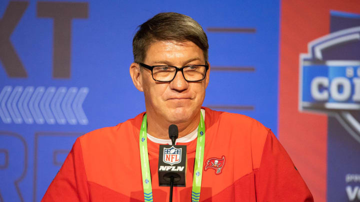 Mar 1, 2022; Indianapolis, IN, USA; Tampa Bay Buccaneers general manager Jason Licht talks to the Mar 1, 2022; Indianapolis, IN, USA; Tampa Bay Buccaneers general manager Jason Licht talks to the