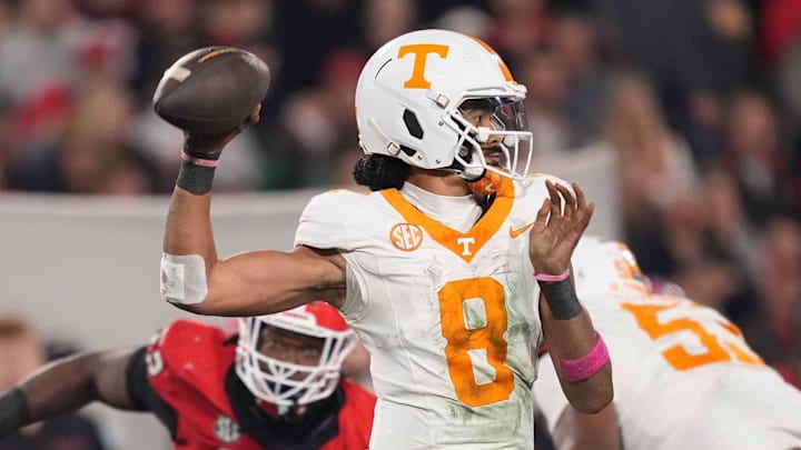 Tennessee quarterback Nico Iamaleava (8) throws a pass during a college football game between Tennessee and Georgia at Sanford Stadium in Athens, Ga., on Saturday, November 16, 2024. Tennessee quarterback Nico Iamaleava (8) throws a pass during a college football game between Tennessee and Georgia at Sanford Stadium in Athens, Ga., on Saturday, November 16, 2024.