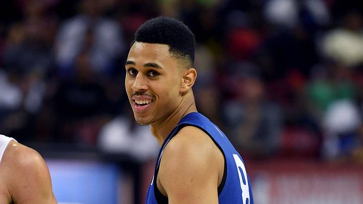 Philadelphia 76ers guard Zhaire Smith (8) smiles toward a teammate during the second half of an NBA Summer League game against the Milwaukee Bucks at Thomas & Mack Center on Jul. 5, 2019.