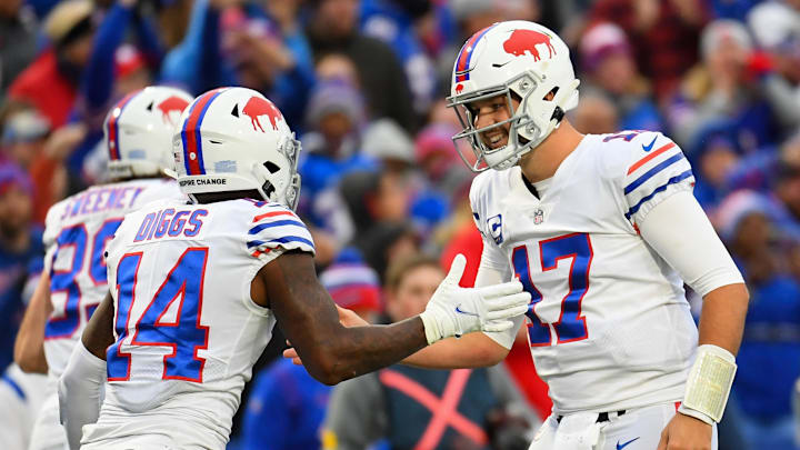 Oct 31, 2021; Orchard Park, New York, USA; Buffalo Bills wide receiver Stefon Diggs (14) celebrates
