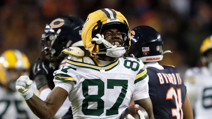 Green Bay Packers wide receiver Romeo Doubs (87) celebrates a first down reception against the Chicago Bears in the fourth quarter during their wild-card playoff football game Saturday, January 10, 2026, at Soldier Field in Chicago, Illinois.