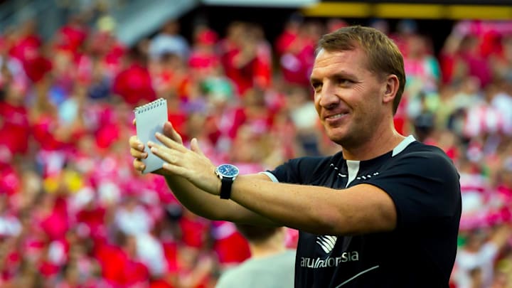 Jul 27, 2014; Chicago, IL, USA; Liverpool coach Brendan Rodgers prior to a match against Olympiacos at Soldier Field. Mandatory Credit: Guy Rhodes-Imagn Images