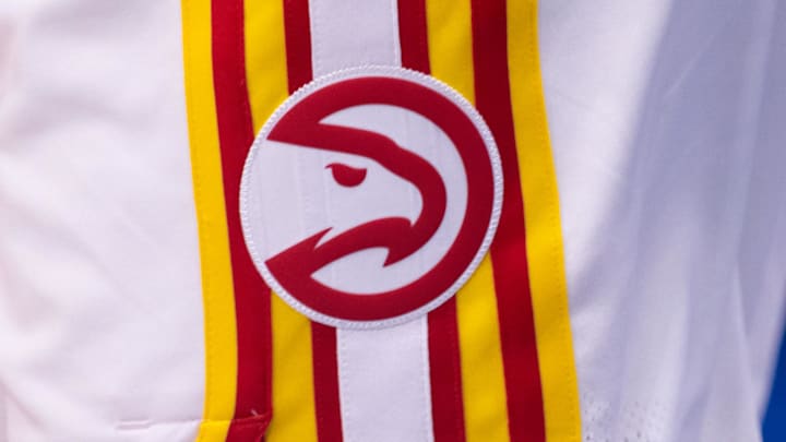 Nov 3, 2024; New Orleans, Louisiana, USA;  Detailed view of the Atlanta Hawks logo during warmups before the game against the New Orleans Pelicans at Smoothie King Center. Mandatory Credit: Stephen Lew-Imagn Images