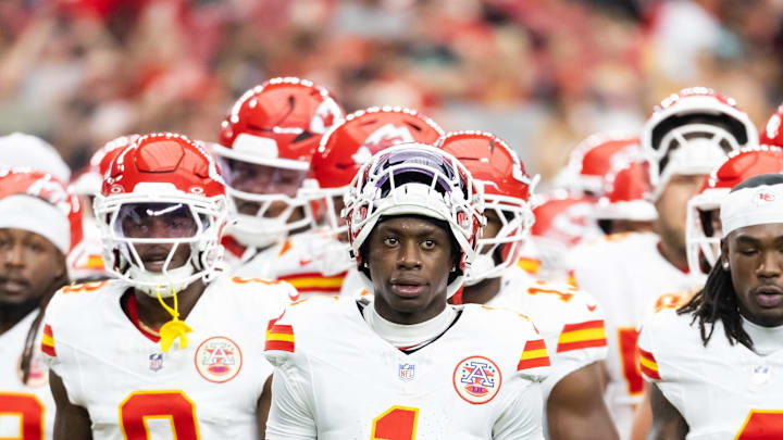 Aug 9, 2025; Glendale, Arizona, USA; Kansas City Chiefs wide receiver Xavier Worthy (1) against the Arizona Cardinals during a preseason NFL game at State Farm Stadium. Mandatory Credit: Mark J. Rebilas-Imagn Images