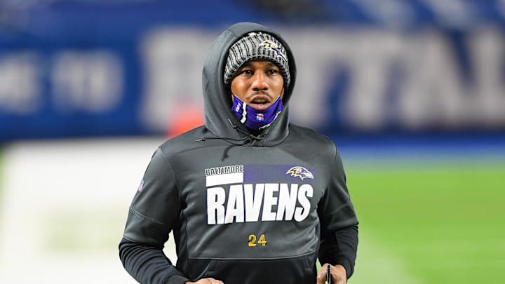 Baltimore Ravens cornerback Marcus Peters warms up prior to an AFC Divisional Round game against the Buffalo Bills in 2021. Baltimore Ravens cornerback Marcus Peters warms up prior to an AFC Divisional Round game against the Buffalo Bills in 2021.