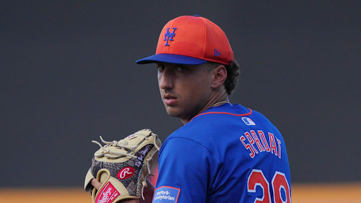 Mar 15, 2024; Port St. Lucie, Florida, USA; New York Mets pitcher Brandon Sproat (28) warms-up in the sixth inning against the Washington Nationals in the Spring Breakout game at Clover Park. Mandatory Credit: Jim Rassol-Imagn Images