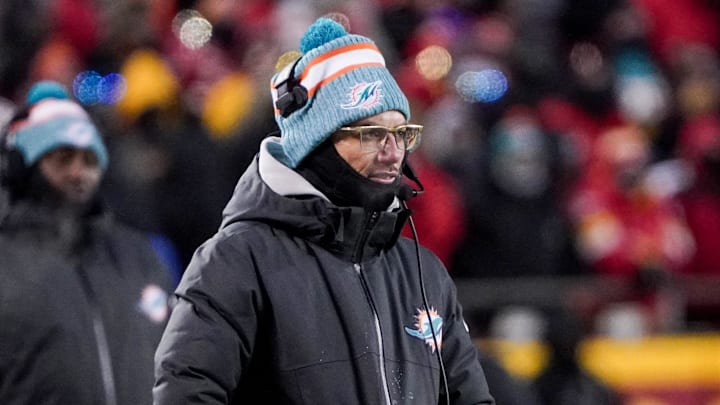 Jan 13, 2024; Kansas City, Missouri, USA; Miami Dolphins head coach Mike McDaniel  watches play