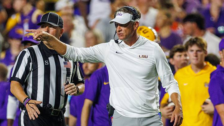 LSU Tigers head coach Lane Kiffin reacts to a play against Clemson Tigers during the first half at Tiger Stadium. Mandatory Credit: Stephen Lew-Imagn Images LSU Tigers head coach Lane Kiffin reacts to a play against Clemson Tigers during the first half at Tiger Stadium. Mandatory Credit: Stephen Lew-Imagn Images