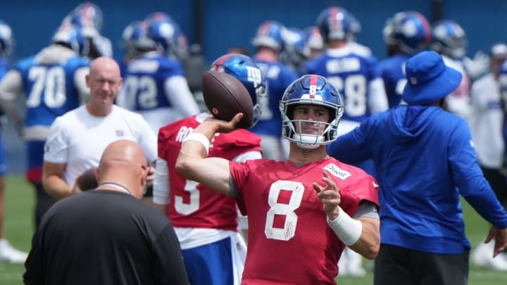 East Rutherford, NJ -- June 11, 2024 -- Daniel Jones and head coach Brian Daboll at the NY Giants Mandatory Minicamp at their practice facility in East Rutherford, NJ.