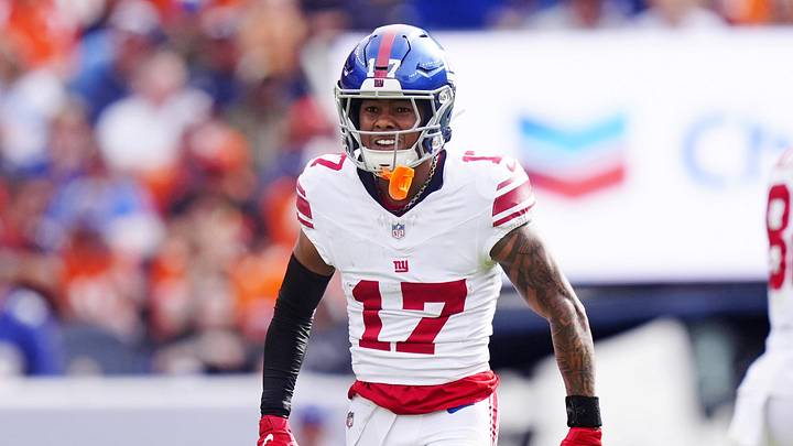 Oct 19, 2025; Denver, Colorado, USA; New York Giants wide receiver Wan'Dale Robinson (17) reacts after a play during the second half against the Denver Broncos at Empower Field at Mile High. Mandatory Credit: Ron Chenoy-Imagn Images