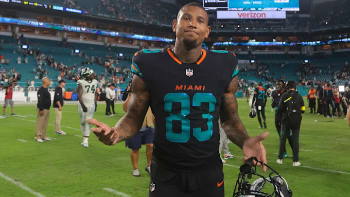 Miami Dolphins tight end Darren Waller (83) reacts after the game against the New York Jets at Hard Rock Stadium. 