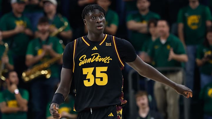 Feb 21, 2026; Waco, Texas, USA; Arizona State Sun Devils center Massamba Diop (35) reacts after a play against the Baylor Bears during the second half at Paul and Alejandra Foster Pavilion.