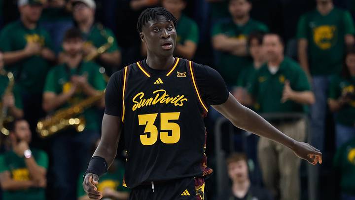 Feb 21, 2026; Waco, Texas, USA; Arizona State Sun Devils center Massamba Diop (35) reacts after a play against the Baylor Bears during the second half at Paul and Alejandra Foster Pavilion. Feb 21, 2026; Waco, Texas, USA; Arizona State Sun Devils center Massamba Diop (35) reacts after a play against the Baylor Bears during the second half at Paul and Alejandra Foster Pavilion.