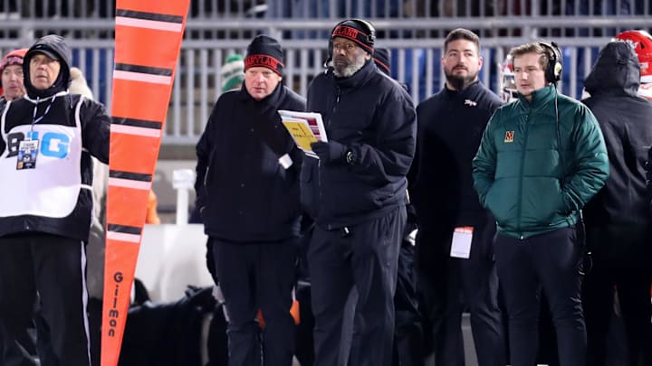  Maryland Terrapins head coach Michael Locksley (middle) looks on from the sideline during the third quarter against the Penn State Nittany Lions at Beaver Stadium. Penn State won 44-7.