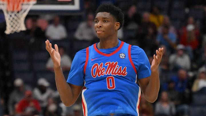 Mar 11, 2026; Nashville, TN, USA;  Mississippi Rebels forward Malik Dia (0) reacts after a made three point basket against the Texas Longhorns during the second half at Bridgestone Arena. Mandatory Credit: Steve Roberts-Imagn Images