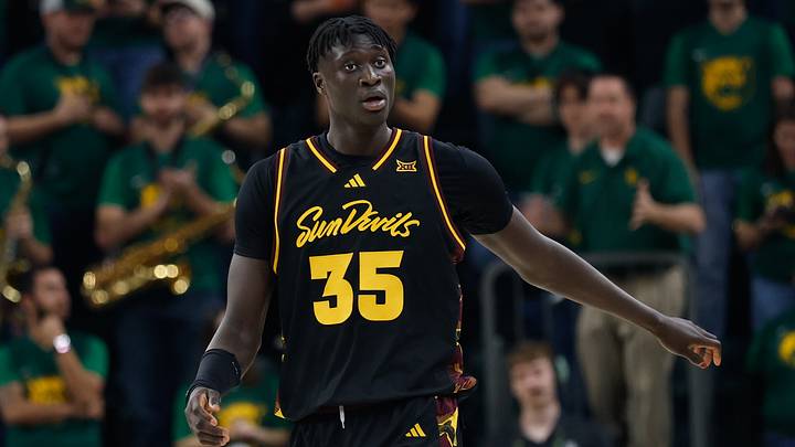 Feb 21, 2026; Waco, Texas, USA; Arizona State Sun Devils center Massamba Diop (35) reacts after a play against the Baylor Bears during the second half at Paul and Alejandra Foster Pavilion. Feb 21, 2026; Waco, Texas, USA; Arizona State Sun Devils center Massamba Diop (35) reacts after a play against the Baylor Bears during the second half at Paul and Alejandra Foster Pavilion.