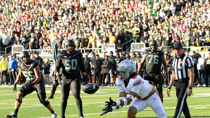 Ohio State’s Lathan Ransom catches an Oregon two-point conversion attempt during the first quarter at Autzen Stadium Saturday, Oct. 12, 2024.