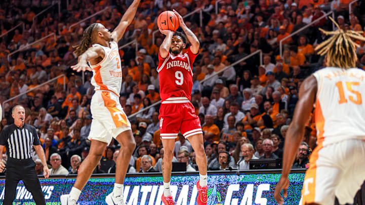 Indiana guard Kanaan Carlyle (9) puts up a shot against Tennessee on Sunday, Oct. 27 in a charity exhibition basketball game.
