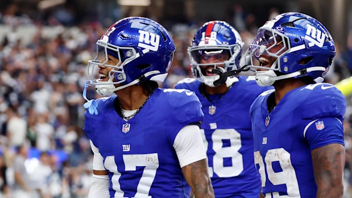 Sep 14, 2025; Arlington, Texas, USA; New York Giants wide receiver Wan'Dale Robinson (17) celebrates after scoring a touchdown against the Dallas Cowboys during the fourth quarter at AT&T Stadium. Mandatory Credit: Kevin Jairaj-Imagn Images Sep 14, 2025; Arlington, Texas, USA; New York Giants wide receiver Wan'Dale Robinson (17) celebrates after scoring a touchdown against the Dallas Cowboys during the fourth quarter at AT&T Stadium. Mandatory Credit: Kevin Jairaj-Imagn Images