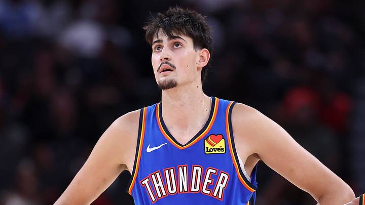 Oct 15, 2026; Houston, Texas, USA; Oklahoma City Thunder center Aday Mara (15) looks on during the game against the Houston Rockets at Toyota Center. Mandatory Credit: Troy Taormina-Imagn Images