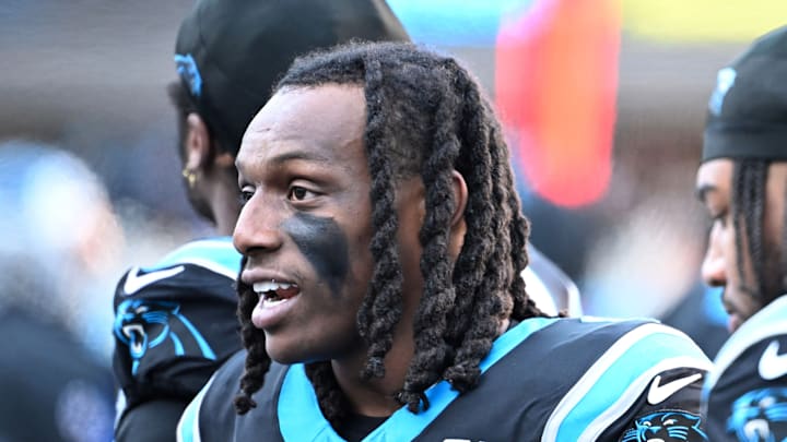 Dec 22, 2024; Charlotte, North Carolina, USA; Carolina Panthers cornerback Jaycee Horn (8) on the sidelines in the fourth quarter at Bank of America Stadium.