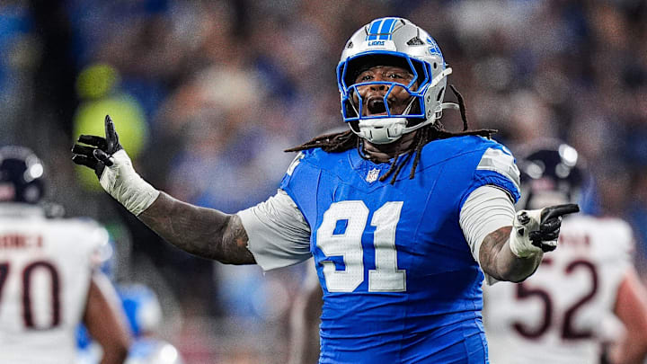 Detroit Lions defensive tackle Tyleik Williams (91) celebrates a play against Chicago Bears during the second half at Ford Field in Detroit on Sunday, Sept. 14, 2025.