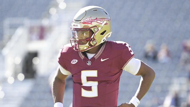 Nov 23, 2024; Tallahassee, Florida, USA; Florida State Seminoles quarterback Trever Jackson (5) warms up before the game against the Charleston Southern Buccaneers at Doak S. Campbell Stadium. Mandatory Credit: Melina Myers-Imagn Images Nov 23, 2024; Tallahassee, Florida, USA; Florida State Seminoles quarterback Trever Jackson (5) warms up before the game against the Charleston Southern Buccaneers at Doak S. Campbell Stadium. Mandatory Credit: Melina Myers-Imagn Images