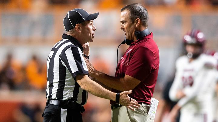 South Carolina head coach Shane Beamer speaks to an official during a football game between Tennessee and South Carolina at Neyland Stadium in Knoxville, Tenn., on Saturday, Sept. 30, 2023. South Carolina head coach Shane Beamer speaks to an official during a football game between Tennessee and South Carolina at Neyland Stadium in Knoxville, Tenn., on Saturday, Sept. 30, 2023.