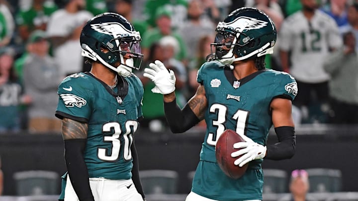 Sep 14, 2023; Philadelphia, Pennsylvania, USA; Philadelphia Eagles safety Justin Evans (30) and cornerback Mario Goodrich (31) against the Minnesota Vikings at Lincoln Financial Field. Mandatory Credit: Eric Hartline-Imagn Images