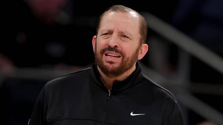 Mar 4, 2025; New York, New York, USA; New York Knicks head coach Tom Thibodeau reacts during the third quarter against the Golden State Warriors at Madison Square Garden. Mandatory Credit: Brad Penner-Imagn Images