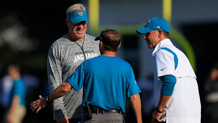 Jacksonville Jaguars head coach Doug Pederson smiles next to general manager Trent Baalke, right, Tuesday, Aug. 1, 2023 at Miller Electric Center at EverBank Stadium in Jacksonville, Fla. Today marked the first padded practice.