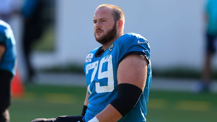 Jacksonville Jaguars center Luke Fortner (79) stretches during training camp Monday, Aug. 7, 2023 at Miller Electric Center at EverBank Stadium in Jacksonville, Fla.