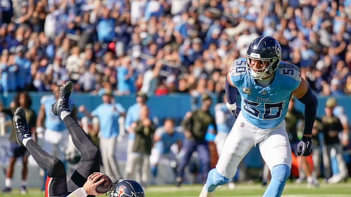 Nov 16, 2025; Nashville, Tennessee, USA; Tennessee Titans linebacker Cody Barton (50) sacks Houston Texans quarterback Davis Mills (10) during the first quarter at Nissan Stadium. Mandatory Credit: Andrew Nelles / The Tennessean / USA TODAY NETWORK via Imagn Images