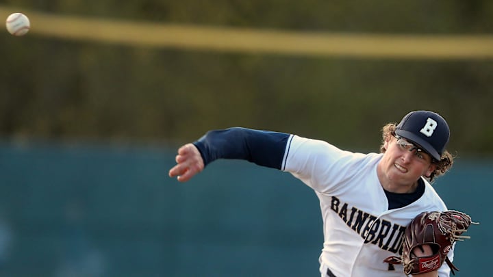 Bainbridge's JR Ritchie pitches against North Kitsap at Bainbridge High on Tuesday, April 19, 2022. Bainbridge's JR Ritchie pitches against North Kitsap at Bainbridge High on Tuesday, April 19, 2022.