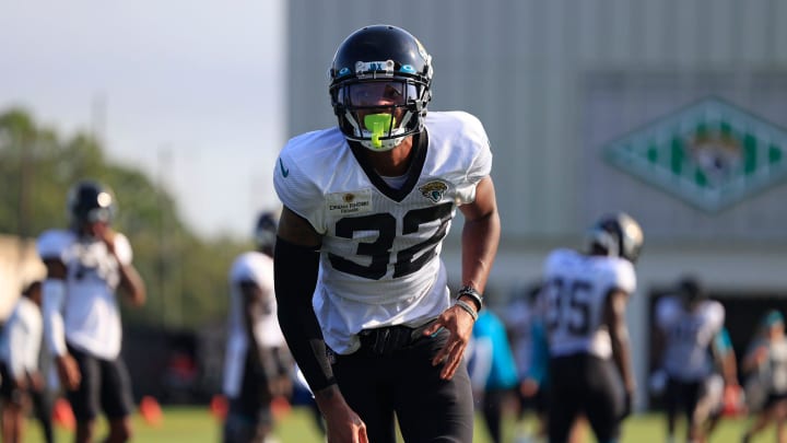 Jacksonville Jaguars cornerback Tyson Campbell (32) gets up from tackling drills Tuesday, Aug. 1, 2023 at Miller Electric Center at EverBank Stadium in Jacksonville, Fla. Today marked the first padded practice.