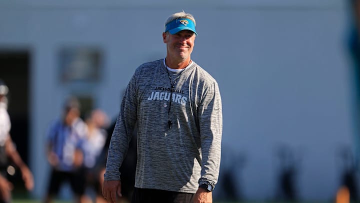 Jacksonville Jaguars head coach Doug Pederson smiles during training camp Monday, Aug. 7, 2023 at Miller Electric Center at EverBank Stadium in Jacksonville, Fla. This was the 11th day of training camp.