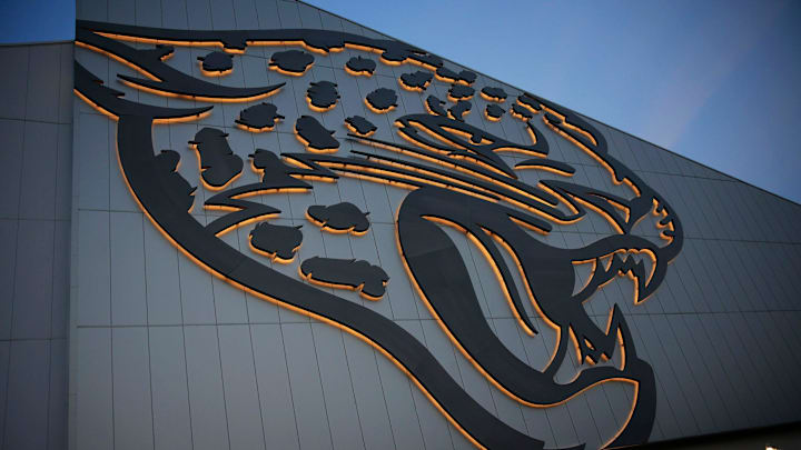The new logo for the Jacksonville Jaguars hangs on the exterior of the indoor football field at the newly-opened Miller Electric Center practice facility at EverBank Stadium Wednesday, July 19, 2023 in Jacksonville.