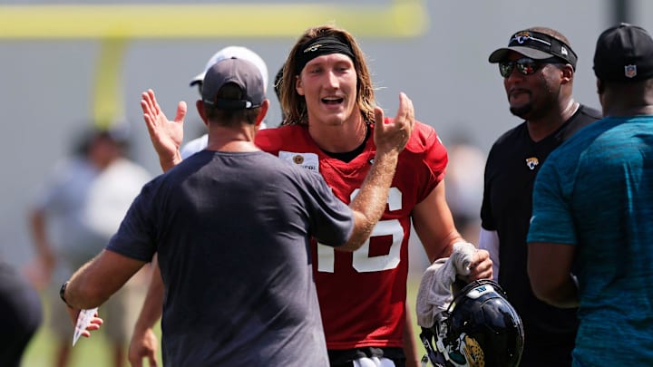 Jacksonville Jaguars quarterback Trevor Lawrence (16) greets his college coach Clemson head coach Dabo Swinney Tuesday, Aug. 1, 2023 at Miller Electric Center at EverBank Stadium in Jacksonville, Fla. Today marked the first padded practice.