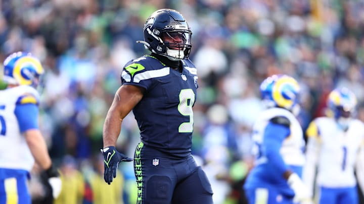 Jan 25, 2026; Seattle, WA, USA; Seattle Seahawks running back Kenneth Walker III (9) celebrates after running for a touchdown in the first half against the Los Angeles Rams in the 2026 NFC Championship Game at Lumen Field.