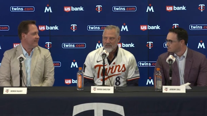 Derek Shelton at his introductory press conference with the Twins. 
