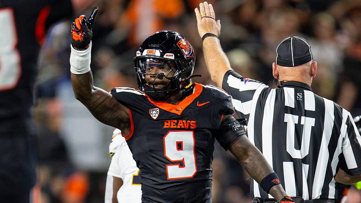 Oregon State's Raesjon Davis celebrates a tackle for loss during an NCAA football game against California at Reser Stadium on Saturday, Aug. 30, 2025, in Corvallis, Ore.