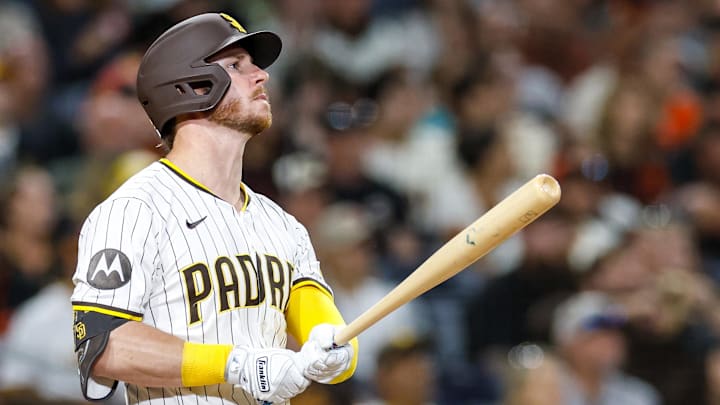 Aug 18, 2025; San Diego, California, USA; San Diego Padres pitch hitter Ryan O'Hearn (32) hits a two-run home run during the seventh inning against the San Francisco Giants at Petco Park. Mandatory Credit: David Frerker-Imagn Images