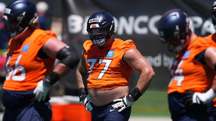 Jun 10, 2025; Denver, CO, USA; Denver Broncos guard Quinn Meinerz (77) during minicamp at Broncos Park Powered by CommonSpirit. Jun 10, 2025; Denver, CO, USA; Denver Broncos guard Quinn Meinerz (77) during minicamp at Broncos Park Powered by CommonSpirit.