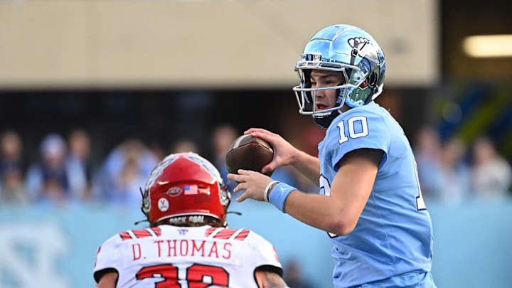 Nov 25, 2022; Chapel Hill, North Carolina, USA; North Carolina Tar Heels quarterback Drake Maye (10)