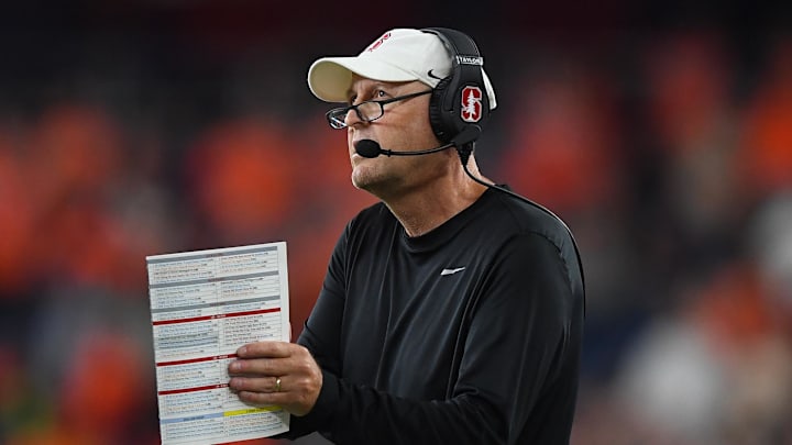 Sep 20, 2024; Syracuse, New York, USA; Stanford Cardinal head coach Troy Taylor calls a time out against the Syracuse Orange during the second half at the JMA Wireless Dome. Mandatory Credit: Rich Barnes-Imagn Images