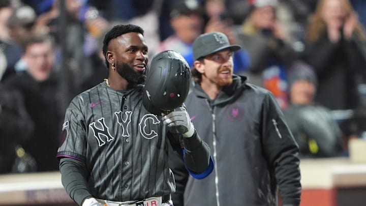 Mar 28, 2026; New York City, New York, USA; New York Mets center fielder Luis Robert Jr. (88) reacts to hitting a three-run walk-off home run against the Pittsburgh Pirates during the eleventh inning at Citi Field. Mandatory Credit: Gregory Fisher-Imagn Images Mar 28, 2026; New York City, New York, USA; New York Mets center fielder Luis Robert Jr. (88) reacts to hitting a three-run walk-off home run against the Pittsburgh Pirates during the eleventh inning at Citi Field. Mandatory Credit: Gregory Fisher-Imagn Images