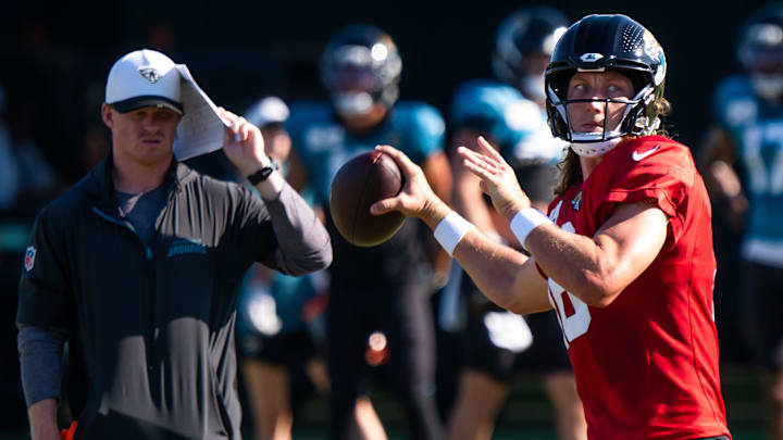 Jacksonville Jaguars quarterback Trevor Lawrence (16) prepares to throw to a receiver during an NFL training camp fifth session at the Miller Electric Center, Monday, July 28, 2025, in Jacksonville, Fla. [Doug Engle/Florida Times-Union]