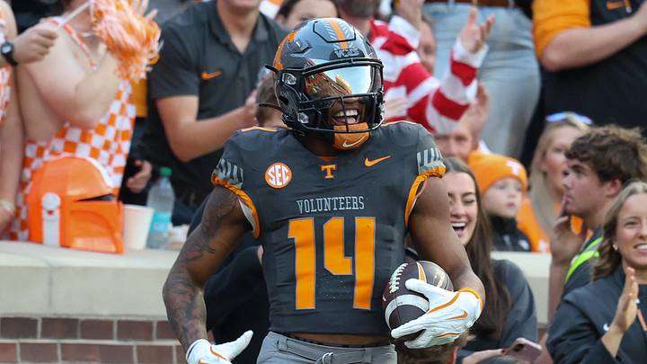 Nov 15, 2025; Knoxville, Tennessee, USA;  Tennessee Volunteers wide receiver Braylon Staley (14) celebrates a touchdown against the New Mexico State Aggies during the first half at Neyland Stadium. Mandatory Credit: Randy Sartin-Imagn Images
